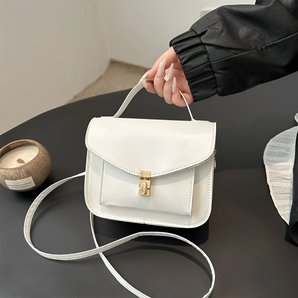 Retro style horizontal square messenger bag in PU leather with crossbody strap and document compartment