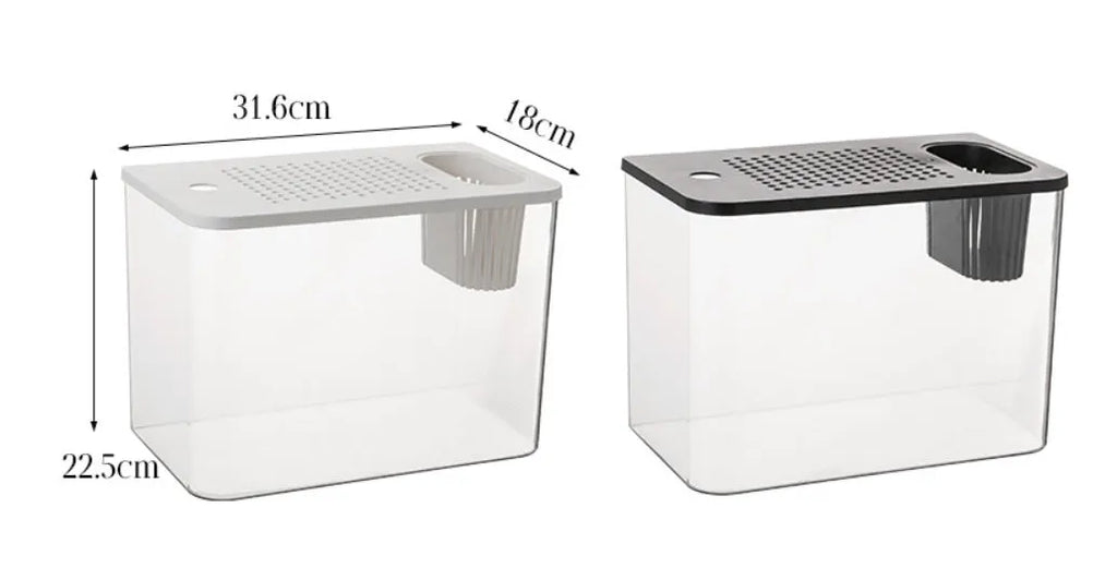 Clear plastic mini betta fish tank with a fitted cover, shown in black and white colour options.