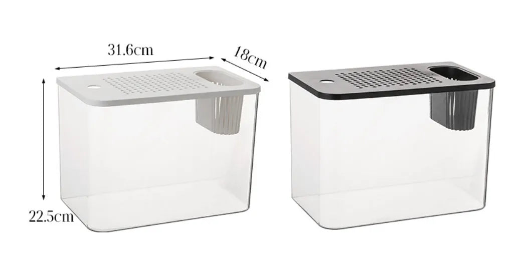 Clear plastic mini betta fish tank with a fitted cover, shown in black and white colour options.