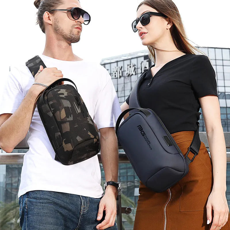Men's business shoulder bag with USB port in oxford cloth construction showing black, blue, camouflage and dark grey colour options