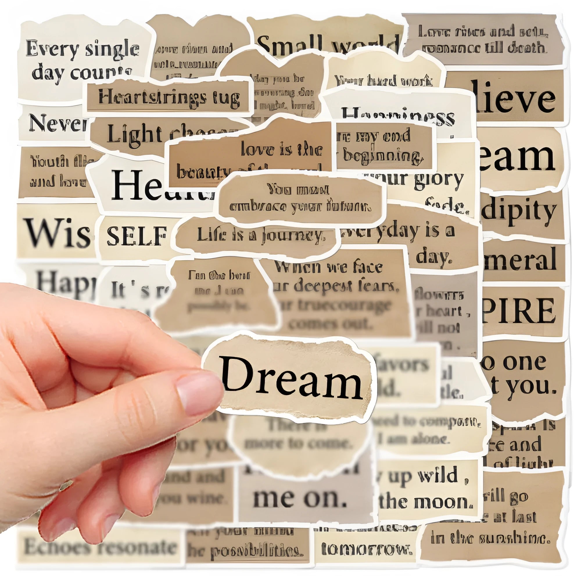 Pack of 25 torn English style PVC waterproof decorative stickers for laptops and notebooks measuring 4-7cm
