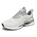 Men's white Korean-style running shoes with a rotating buckle closure and mesh upper.
