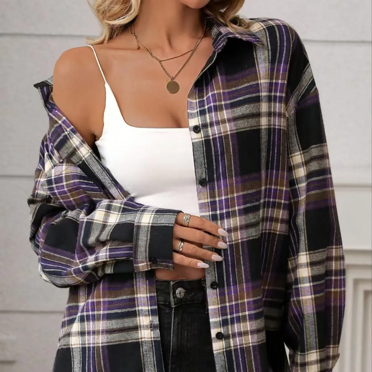 Women's loose-fit retro plaid shirt in cotton with black, green, and purple colour options