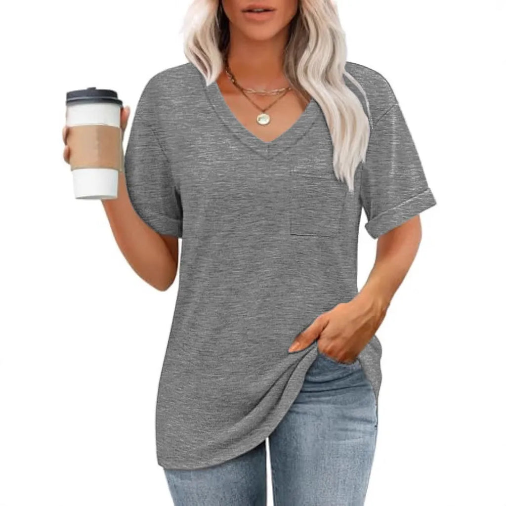 Grey loose V-neck T-shirt with front pocket and short sleeves