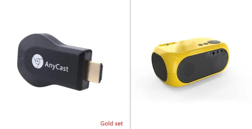 M24 portable mini projector in gold colour showing compact dimensions and included accessories
