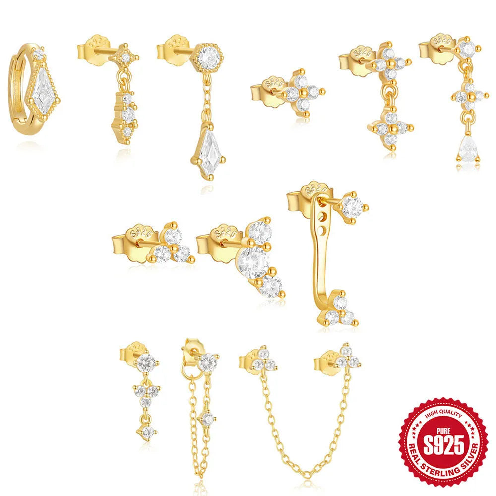 Geometric zircon tassel earring set in S925 sterling silver - three pairs of women's stud earrings