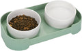 Green ceramic elevated cat bowls with 15-degree tilted stand for food and water