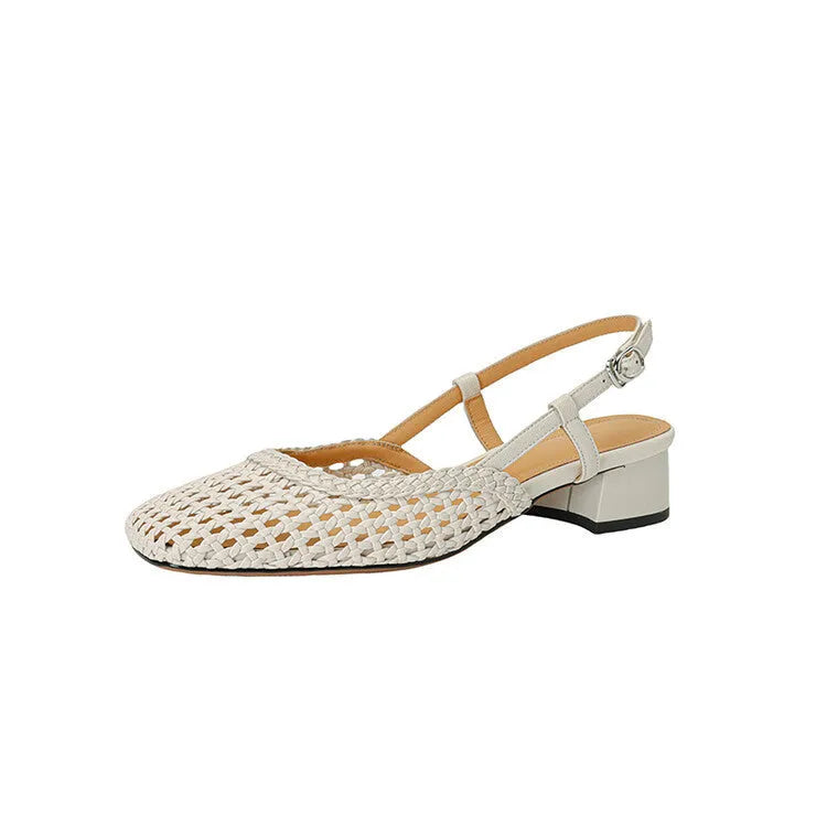 Women's beige woven sandals with closed square toe, chunky heel, and buckle strap on a white background.