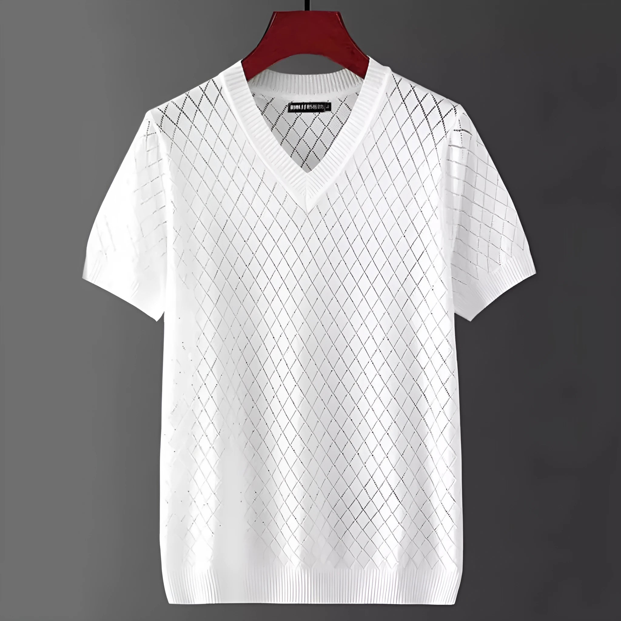 Men's black and white ice silk V-neck and round neck short sleeve t-shirt on a hanger.