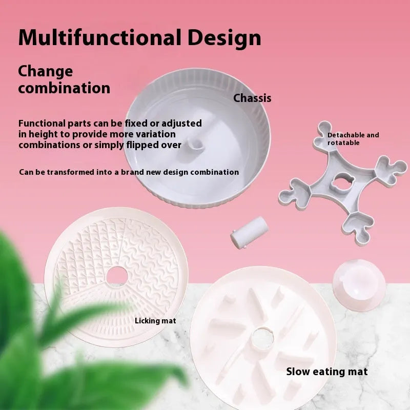Interactive pet slow feeder bowl with a rotating design and a central, removable silicone licking mat.