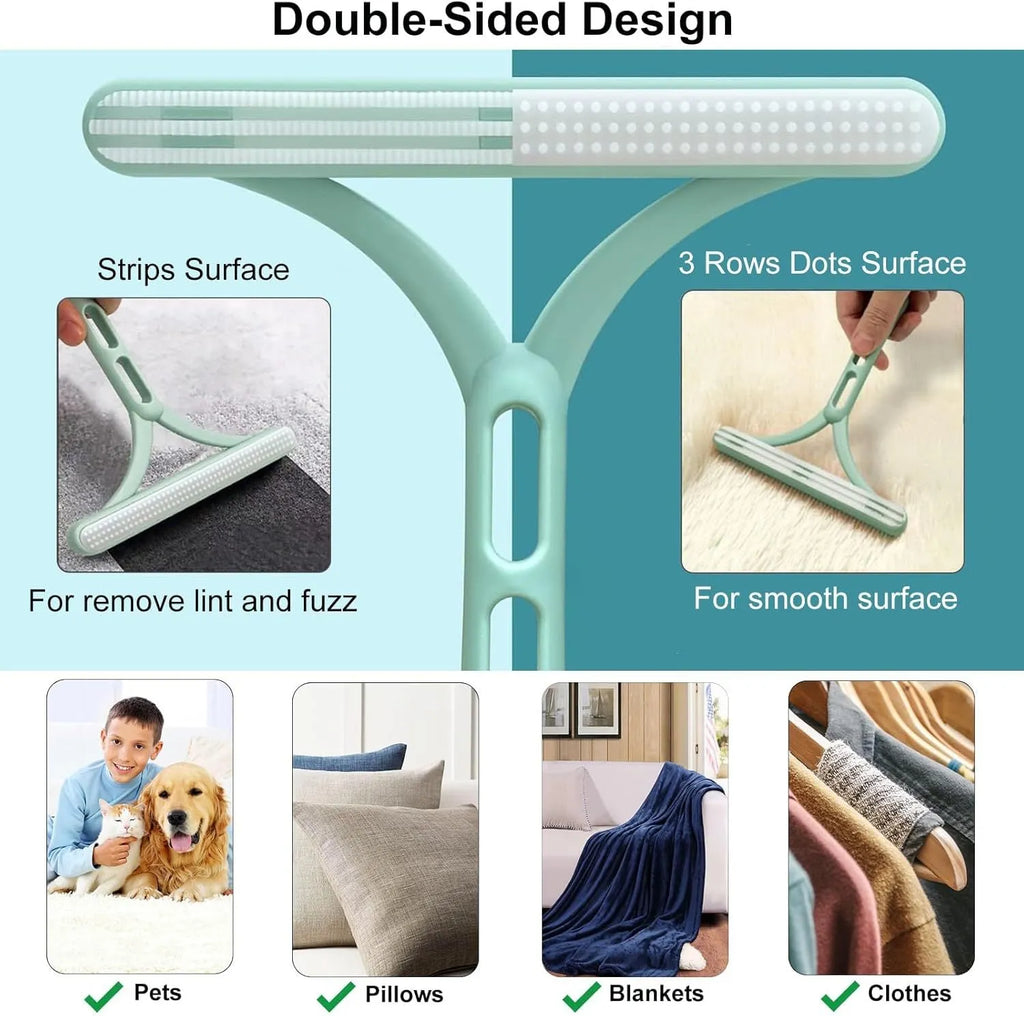 Three-piece pet hair remover set with metal tool, silicone brush, and round cleaner on a fabric surface.