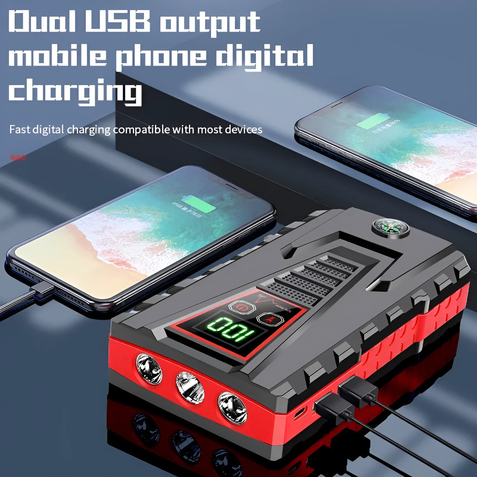 Black toolbox-style emergency jump starter with LCD display and battery clamp