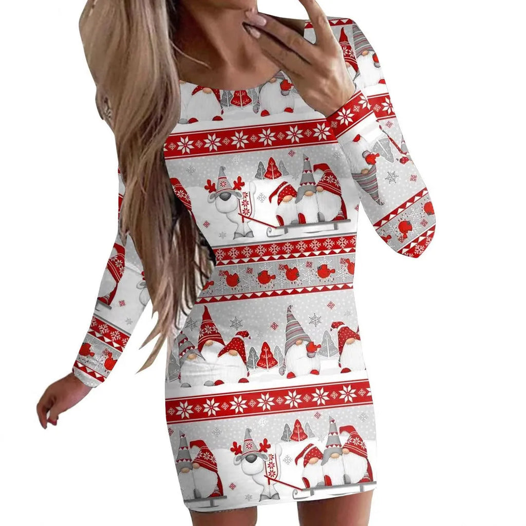 Women's Christmas dress with animal print pattern and mid-waist hip skirt design in polyester fabric