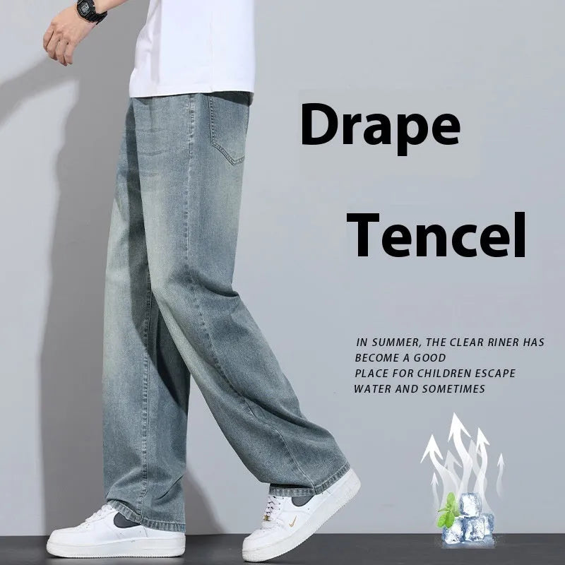 Straight-leg ice silk denim trousers in UK2560 blue with wide-leg cut and zip placket fly