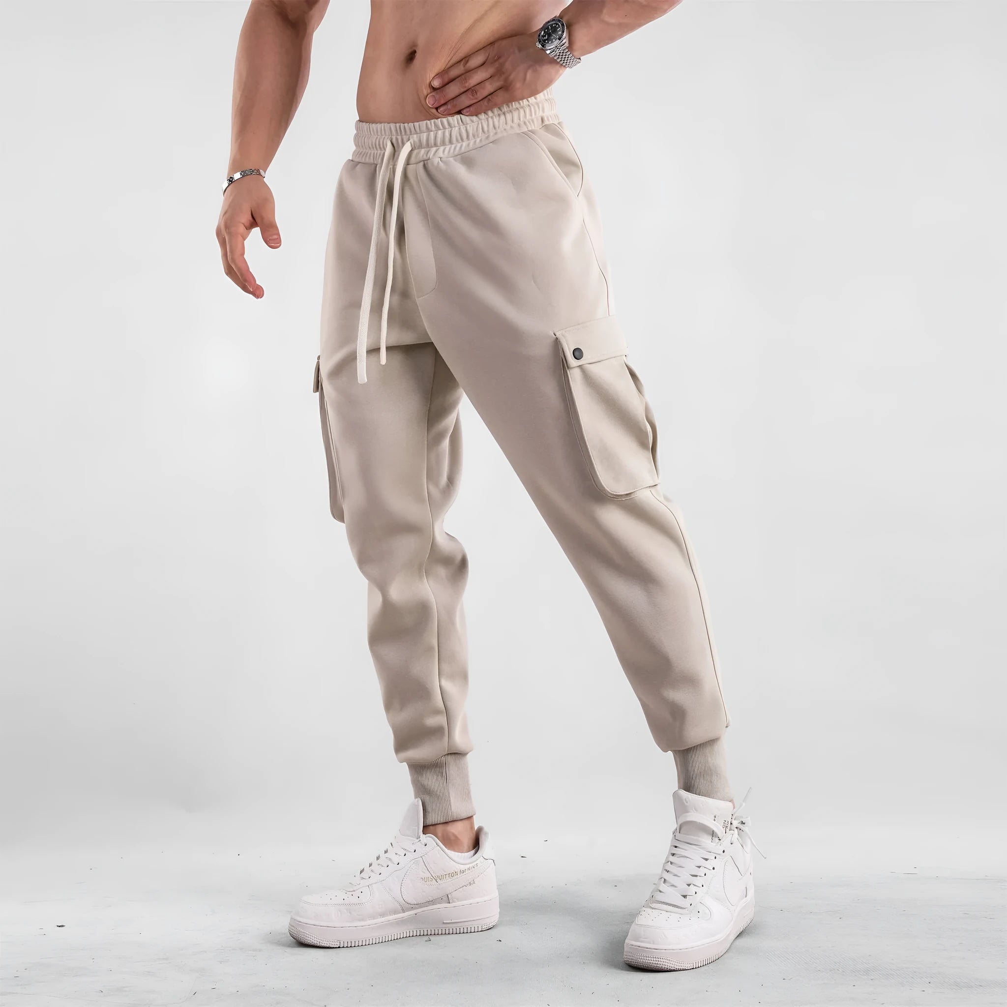 Men's loose cotton sports trousers with multi-pockets and ankle-tied cuffs in six colour options