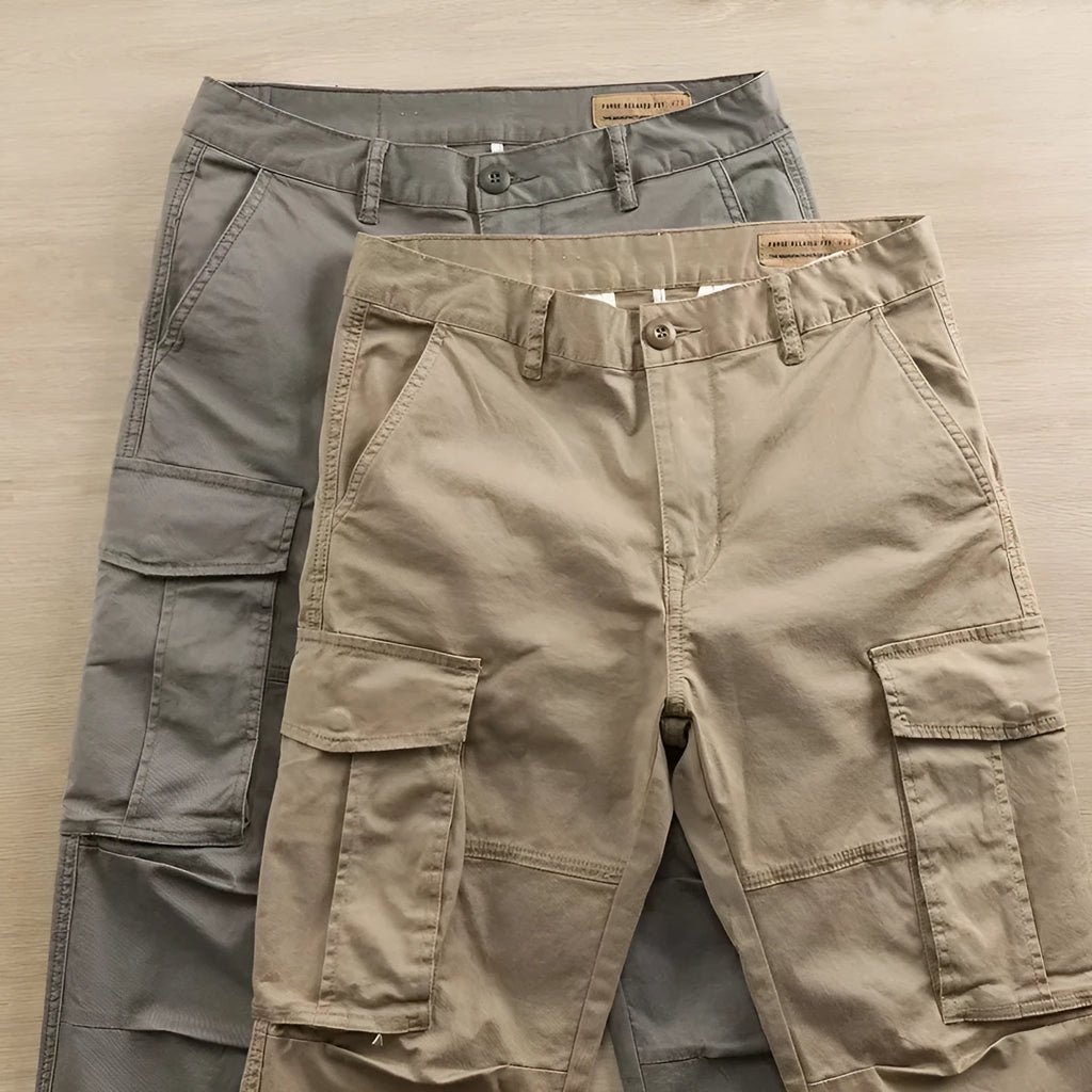 Men's cotton multi-pocket labour trousers in cropped length shown in khaki colour