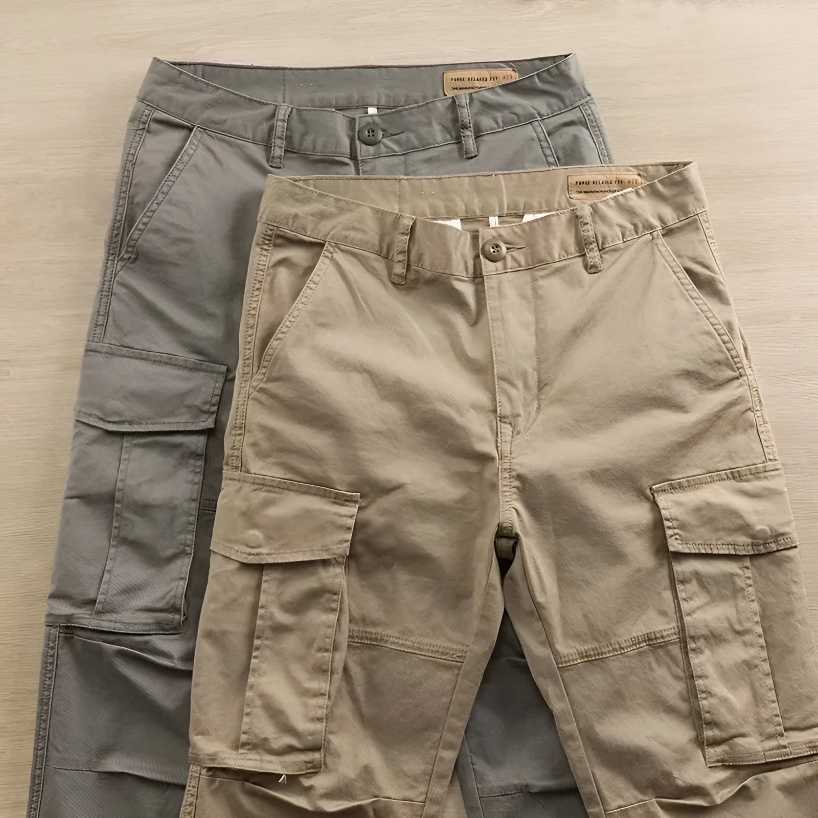 Men's cotton multi-pocket labour trousers in cropped length shown in khaki colour