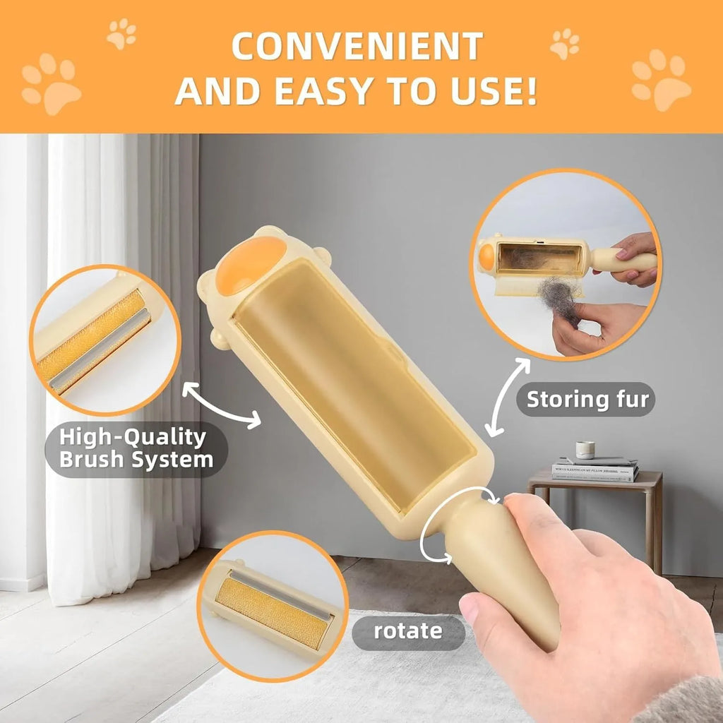 Blue reusable pet hair removal roller with a self-cleaning base on a fabric sofa.