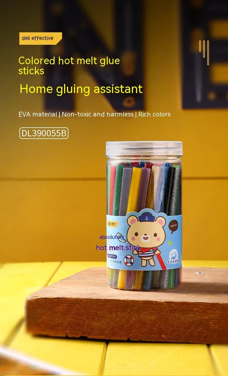 Pack of 55 clear hot melt glue sticks with 7mm diameter next to a glue gun