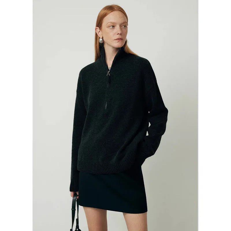Loose lapels wool bandage dress in black, showing long sleeves and pullover style.