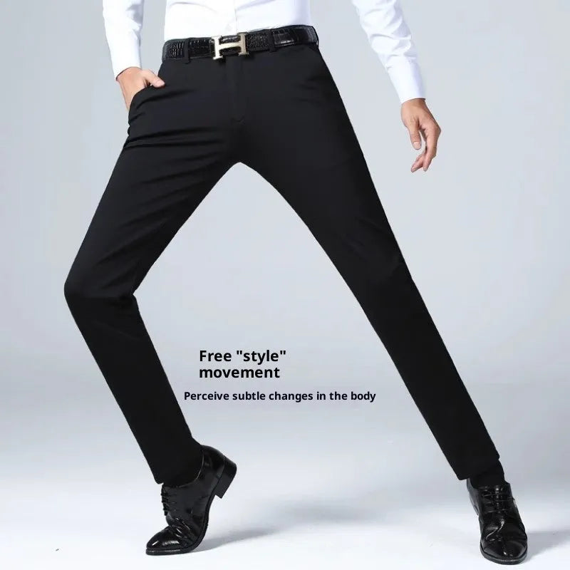 Men's black slim straight formal trousers made from polyester fibre with micro-elastic waistband, front view