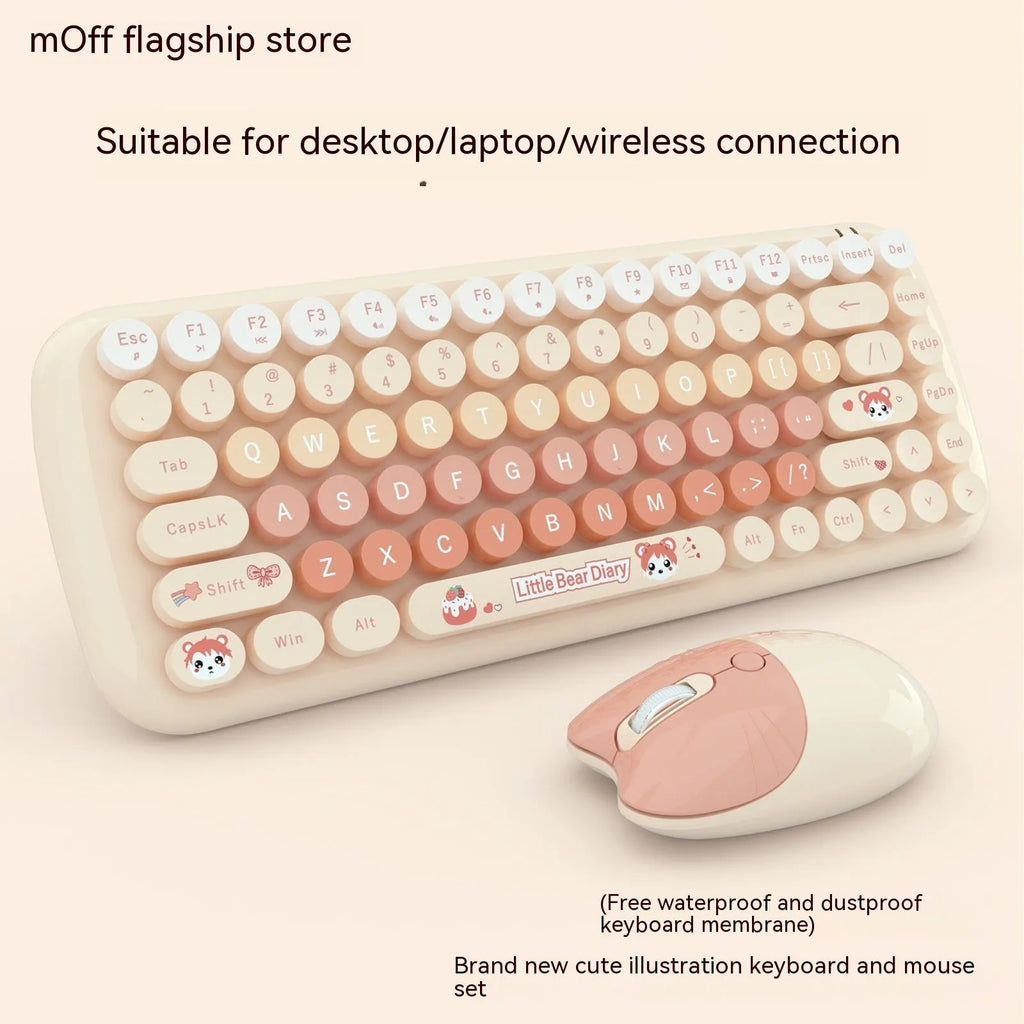 Pink cartoon wireless keyboard and mouse set with compact dimensions for notebook computers