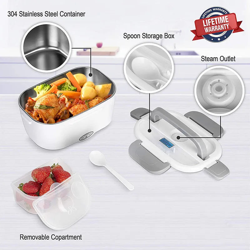 Grey dual-power electric lunch box with car and home compatibility showing mechanical controls
