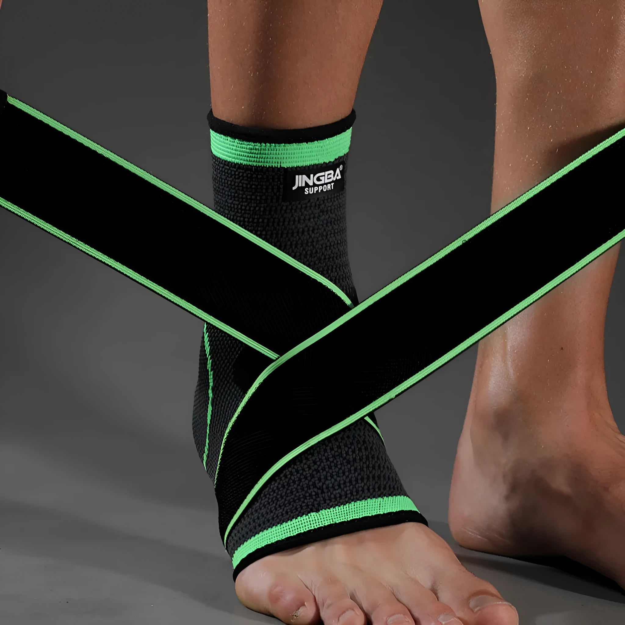 Sports ankle support brace in black colour shown on ankle during athletic activity