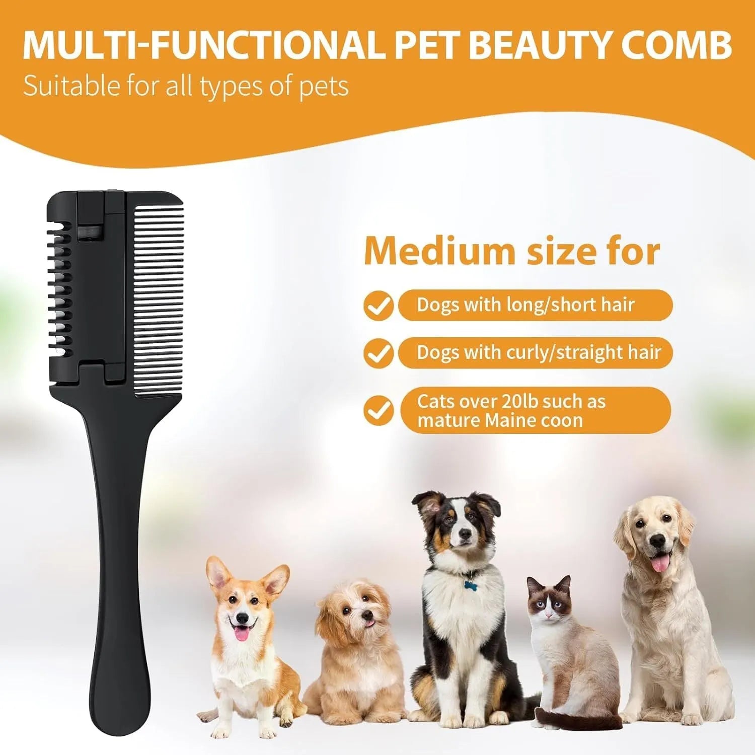 Pet razor comb and trimmer tool with comb teeth and blade, includes replacement blades, for dog and cat grooming.