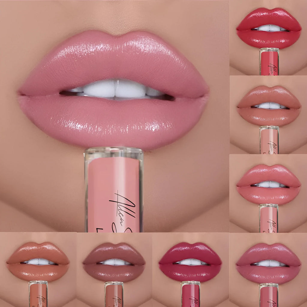Silky cream texture lip gloss in a case, shown in various colour options from the collection.