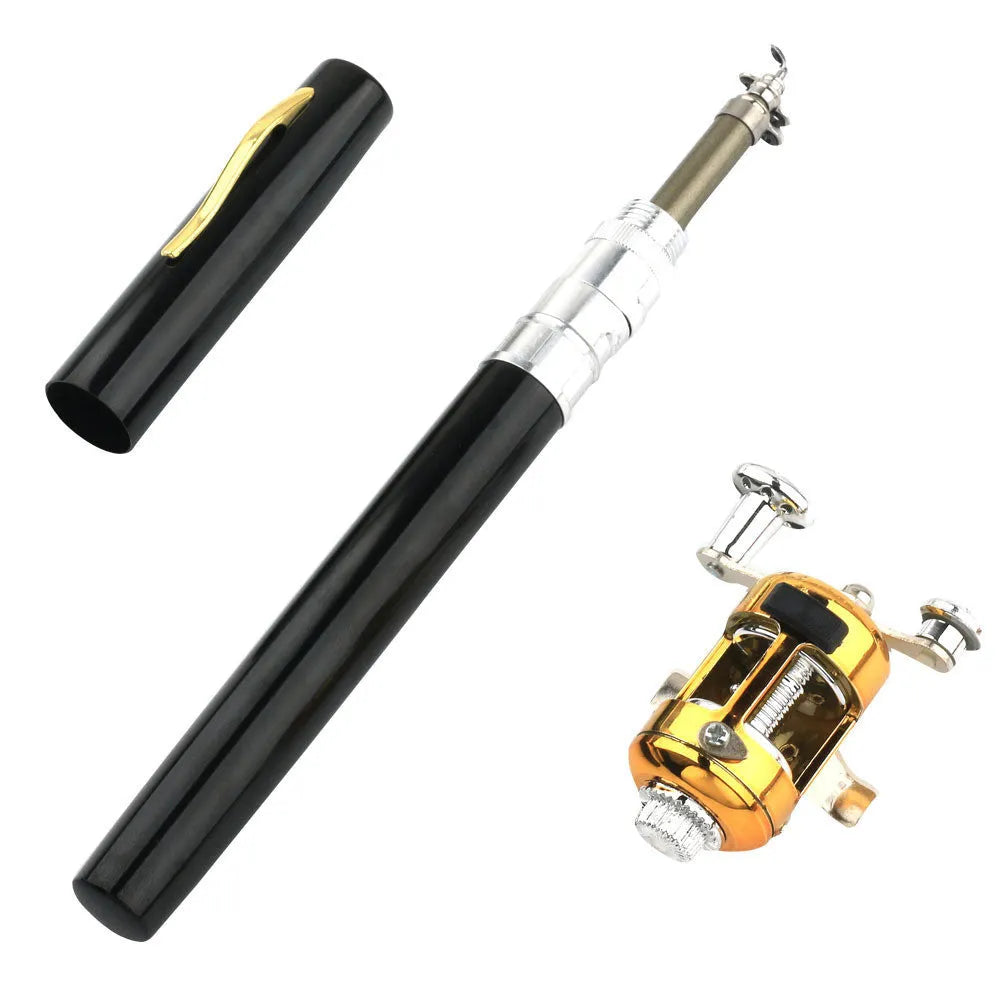 Telescopic pocket fishing rod kit shown collapsed in aluminium case and extended to 1m with ST5RL reel attached.