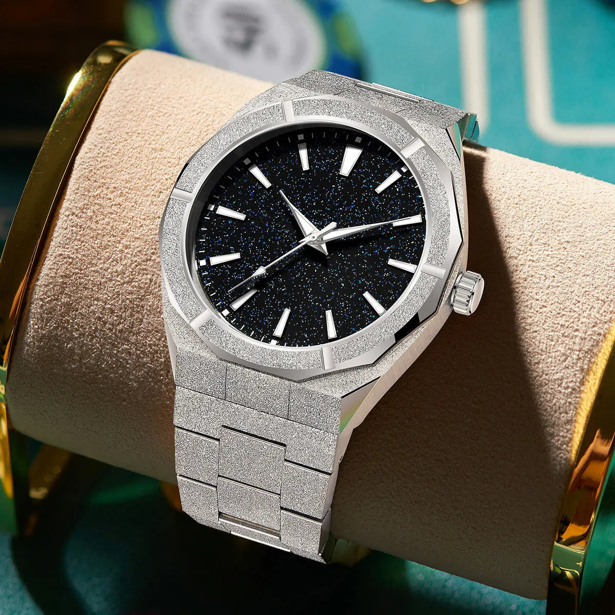 Men's stainless steel business watch with luminous markers in silver, gold, or black