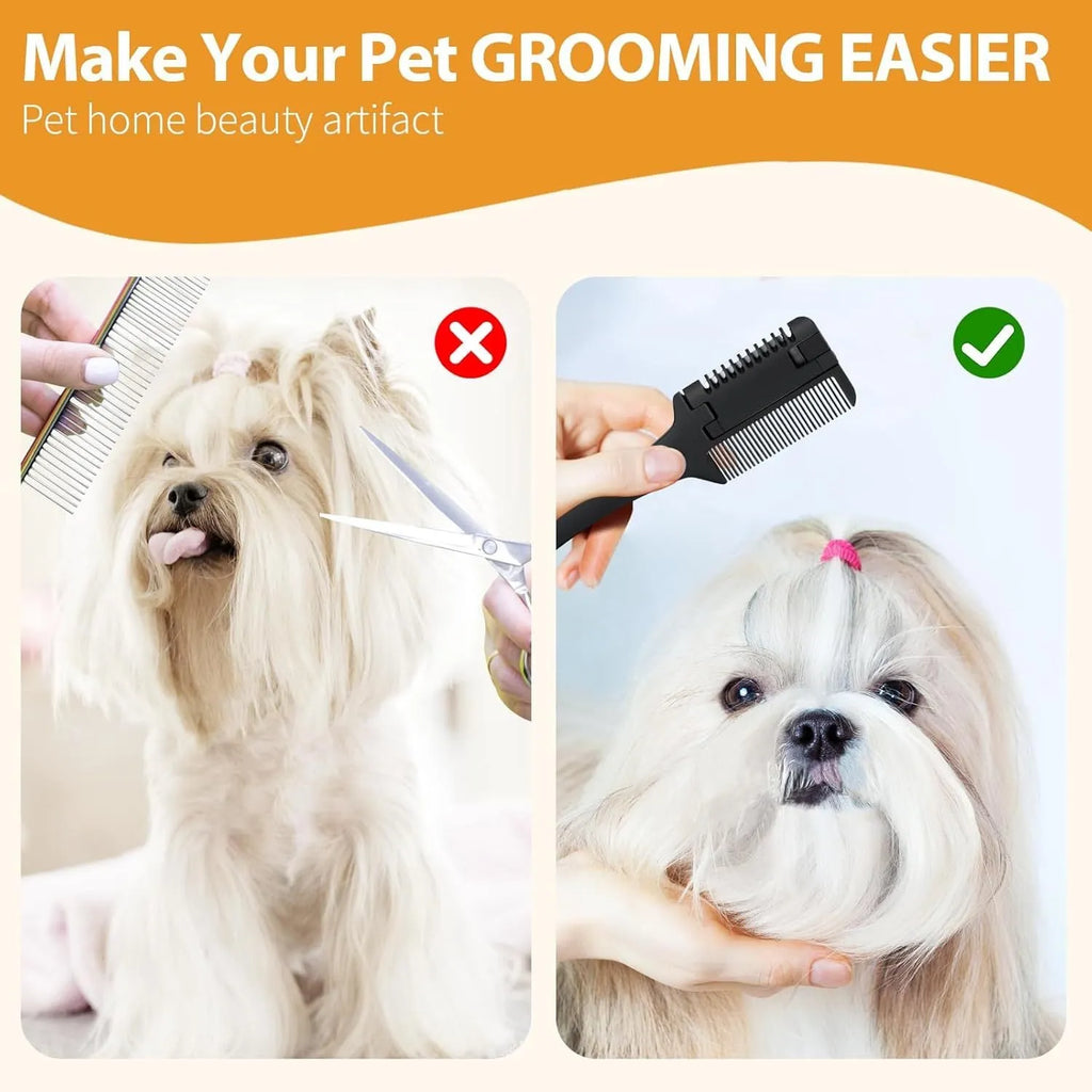 Pet razor comb and trimmer tool with comb teeth and blade, includes replacement blades, for dog and cat grooming.