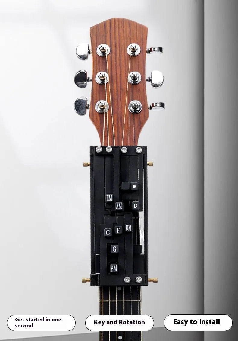 Automatic guitar chord capo device for beginner folk guitar players showing double chord mechanism