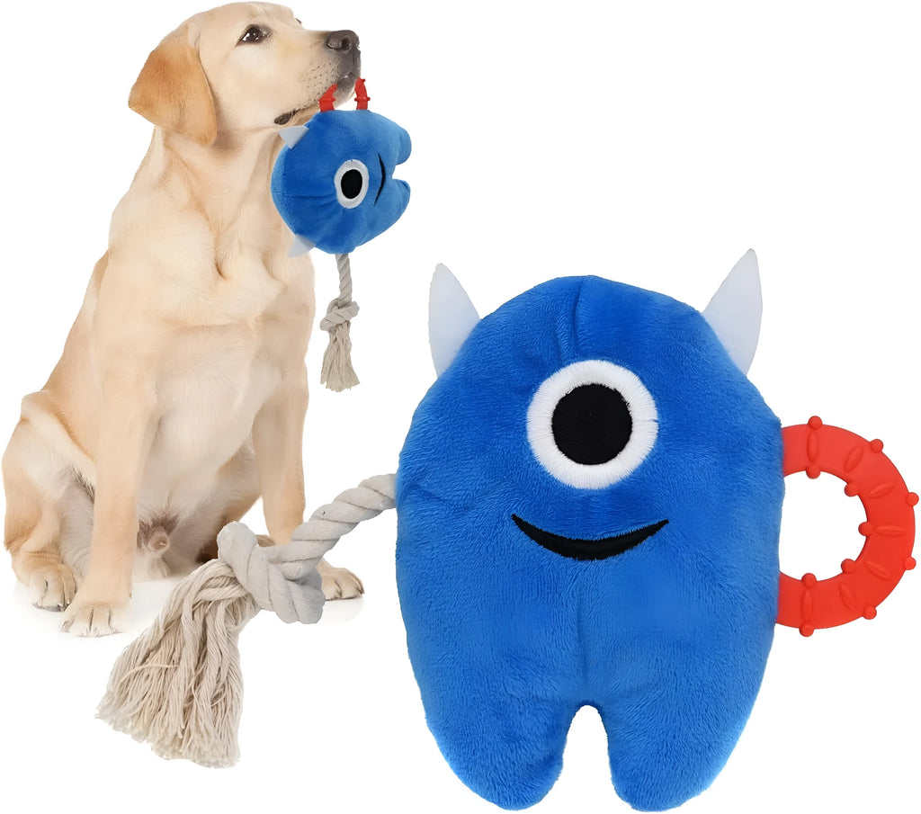 Large blue plush and rope dog chew toy with squeaker for aggressive chewing and tugging play