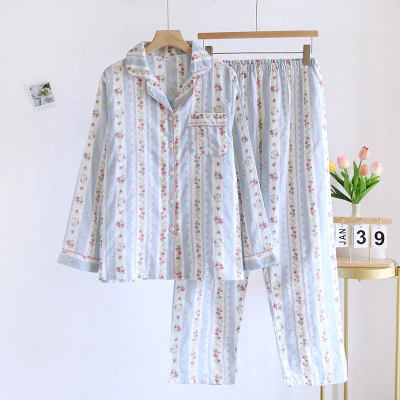 Ladies' cotton double-layer gauze long-sleeved top and trousers homewear set in a colour stripes pattern.