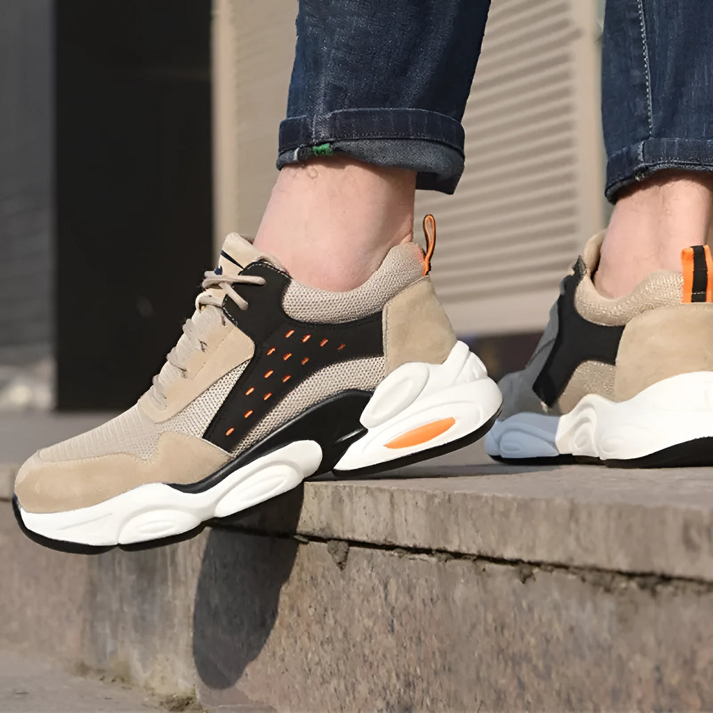 Mesh breathable labour insurance shoes in black, grey, and beige colours with flyknit upper and PU sole