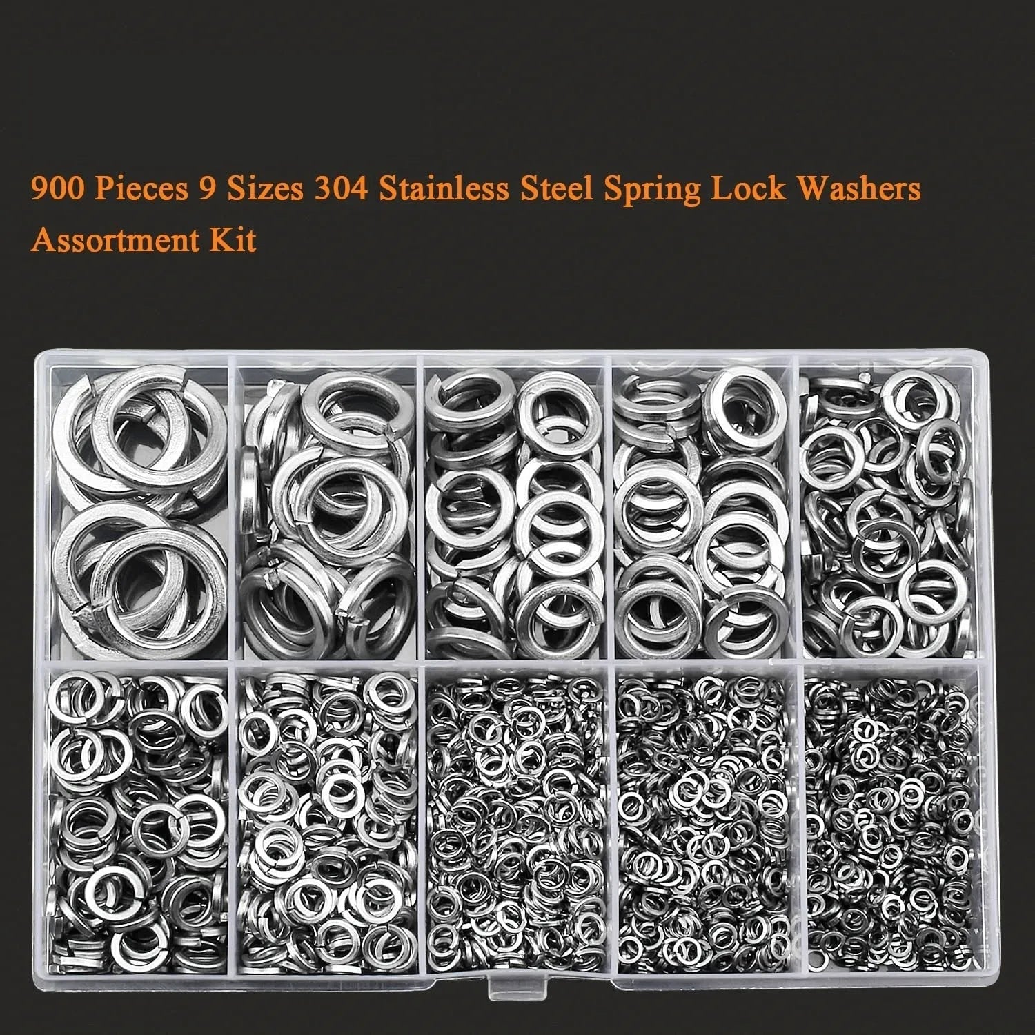 Open box showing assortment of stainless steel flat washers and split lock spring washers in various sizes.