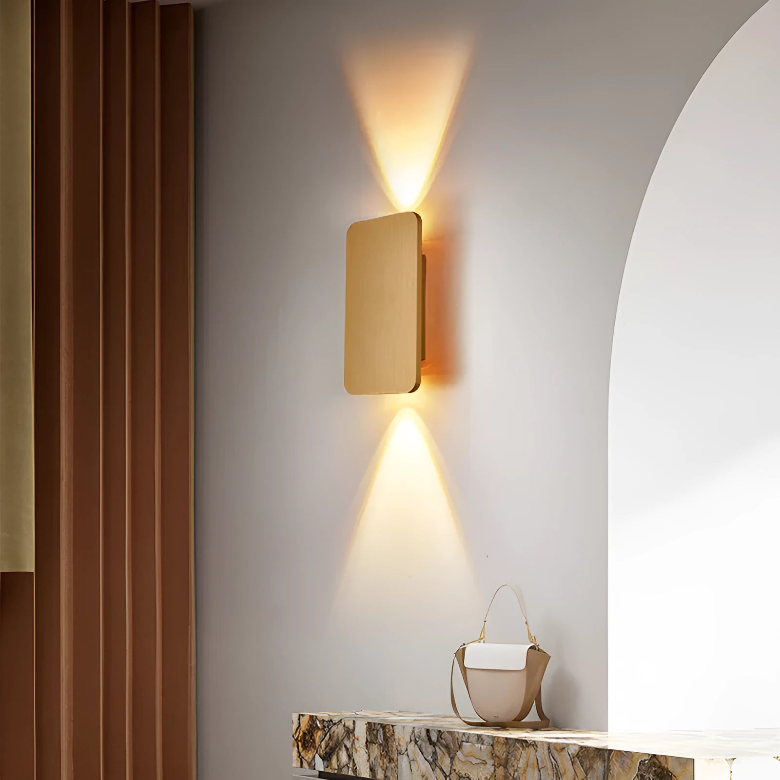 Minimalist Nordic-style LED wall lamp in black finish mounted on wall showing adjustable light settings