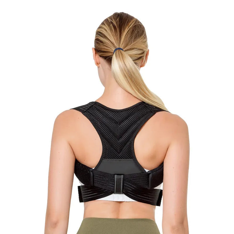 Black adjustable posture correction belt for upper back and shoulder support.