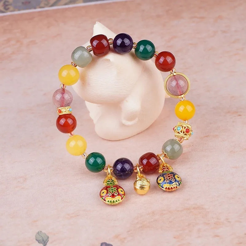 Hand-woven agate bracelet with swallowing gold beast 10mm beads