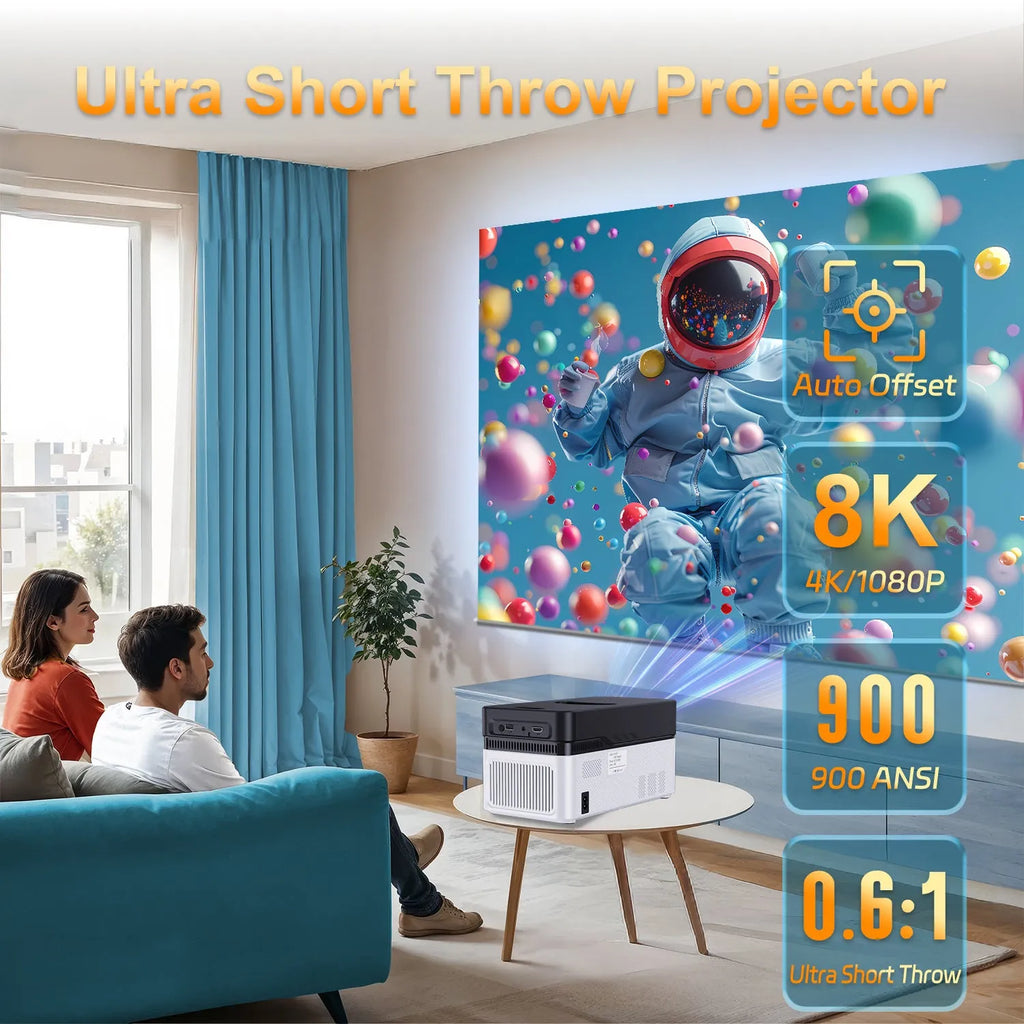 Ultra-short focus 1080p projector with 900 ANSI lumens black plastic body