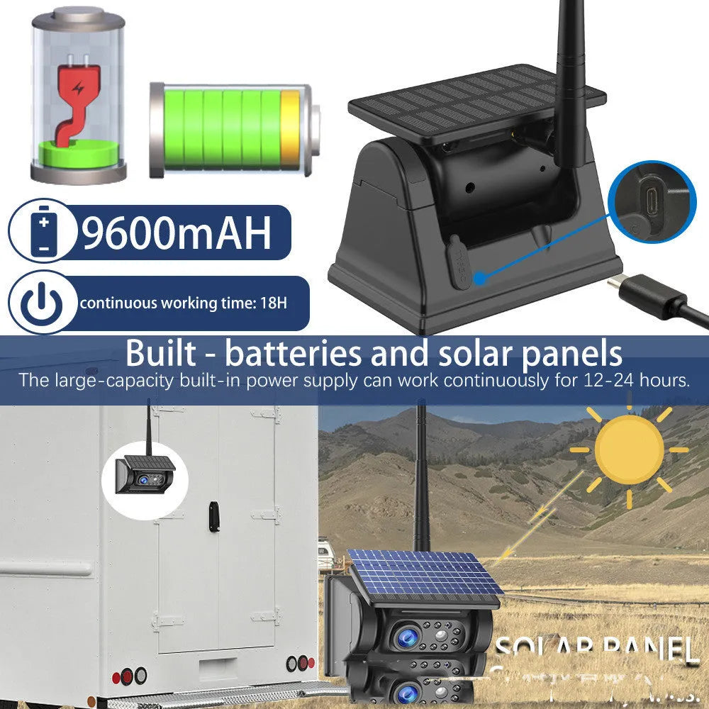 Solar-powered wireless reversing camera with magnetic mount showing aluminium alloy housing and adjustable angle mechanism