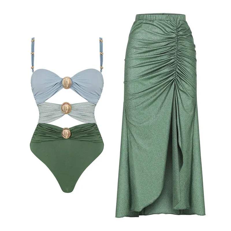 Yellow split bikini and green one-piece swimsuit with high waist design