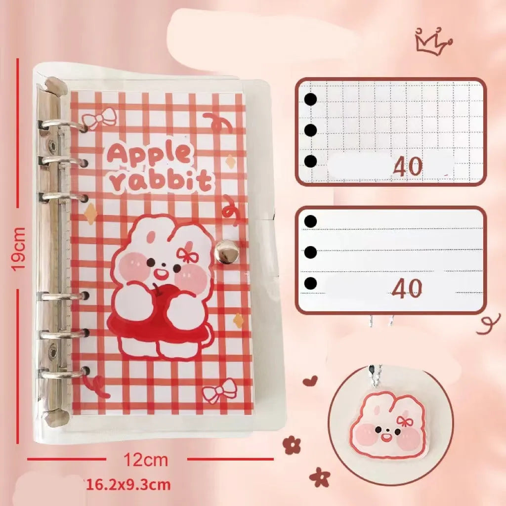 A6 size loose-leaf coil notebook with heart-themed bear design, showing coil binding and 6-hole edge.