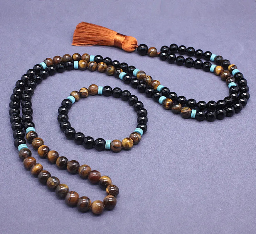 Black agate jewellery set with tiger's eye stone geometric bracelet and necklace