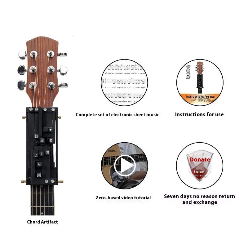 Automatic guitar chord capo device for beginner folk guitar players showing double chord mechanism