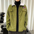 Men's loose fit corduroy work jacket in khaki, green, or black with a stick pocket.