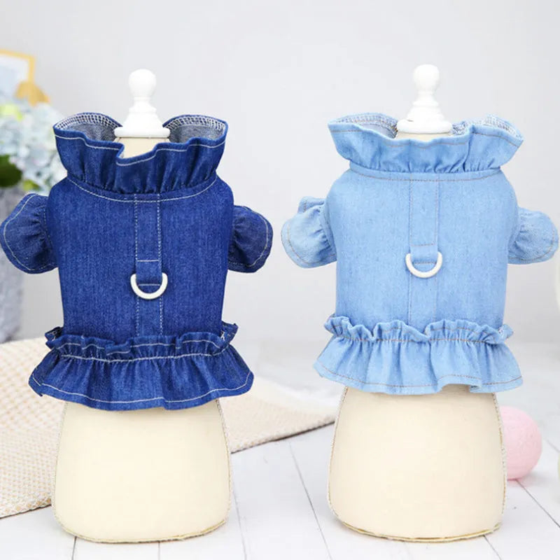 Blue denim pet dress with ruffled vest styling and leash hook for dogs or cats