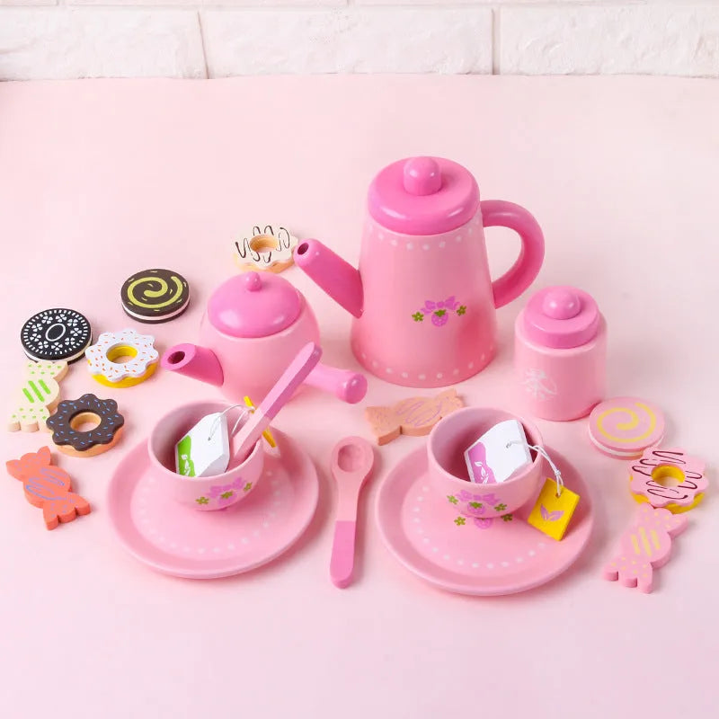 Wooden children's simulation afternoon teapot cup set with pink cookies and teapot for pretend play